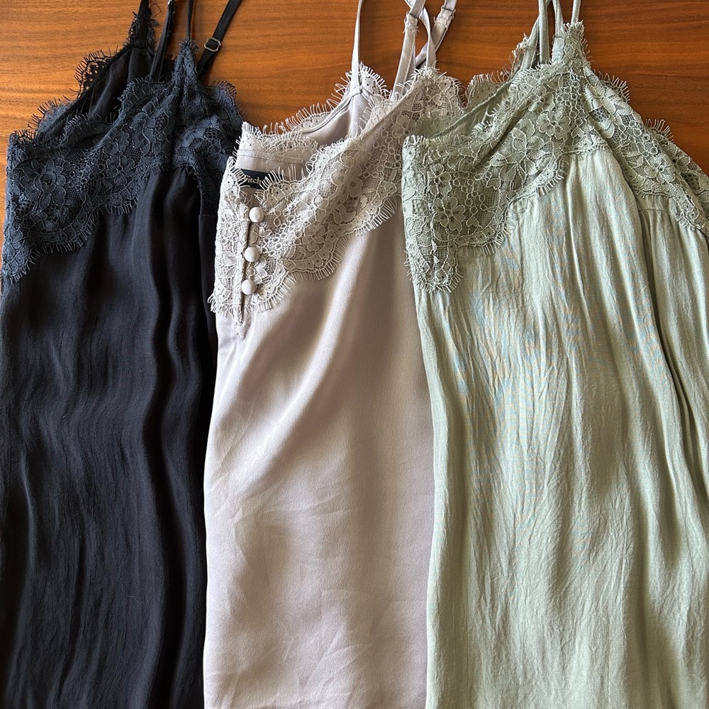 3 pack Abercrombie Lace Trim Camis - Black, Gray, Green